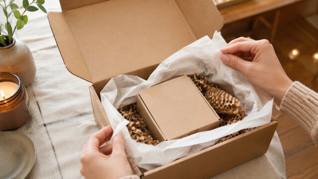Hands opening a cozy kraft cardboard gift box with tissue paper and crinkle filler on a wooden table beside a lit candle and plant