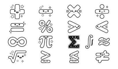 Fototapeta premium Cute Cartoon Math Symbol Sticker Set with Educational Kawaii Characters Vector Illustration