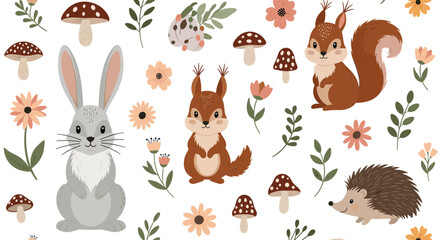 Naklejka premium Charming woodland animal pattern featuring rabbits squirrels hedgehogs mushrooms and flowers for nature inspired children designs.