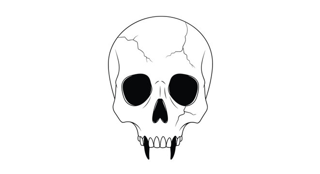 Spooky line art sketch of a human skull with sharp vampire fangs for Halloween gothic and horror themed designs.