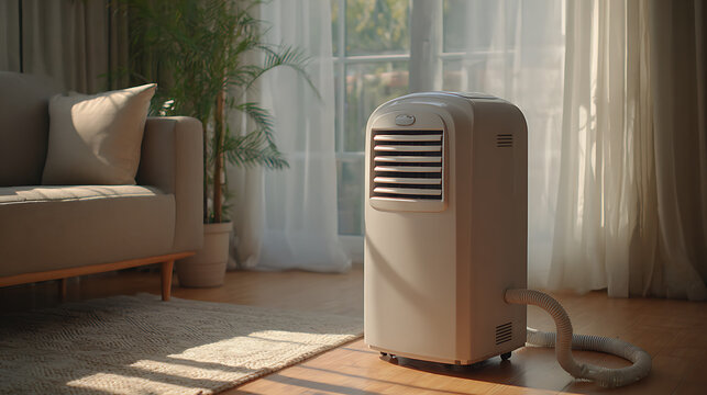 White portable air conditioner in a sunlit living room. Freestanding AC unit with exhaust hose on a wooden floor. Home climate control concept