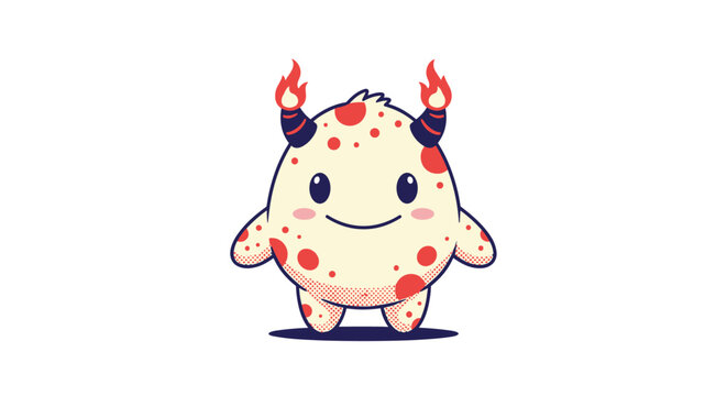 Cute little monster character with two horns topped with small flames and red spots on its cream colored body.