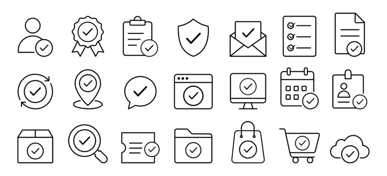 Approval, verification and confirmation editable stroke outline icons set isolated on white background flat vector illustration.
