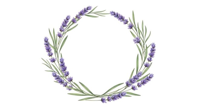 Watercolor lavender flower wreath isolated on white background.