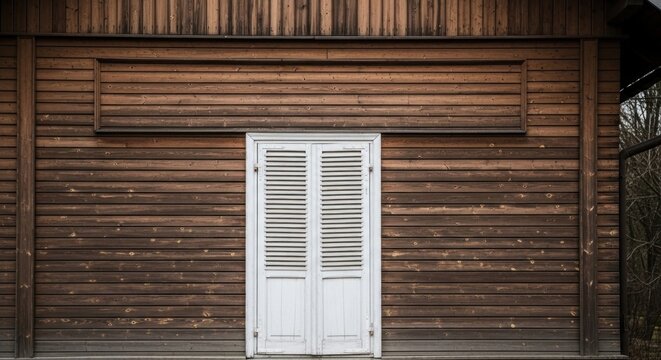 Weathered wooden barn wall with white window shutters.