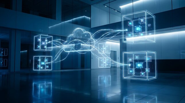 Futuristic digital data network concept showcasing interconnected cloud computing infrastructure and distributed server architecture for advanced technological innovation