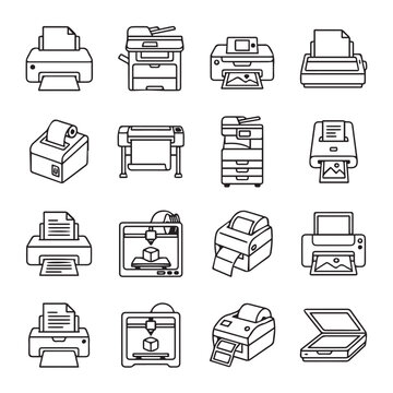 Various printers and scanners in a clean line art style on a white background