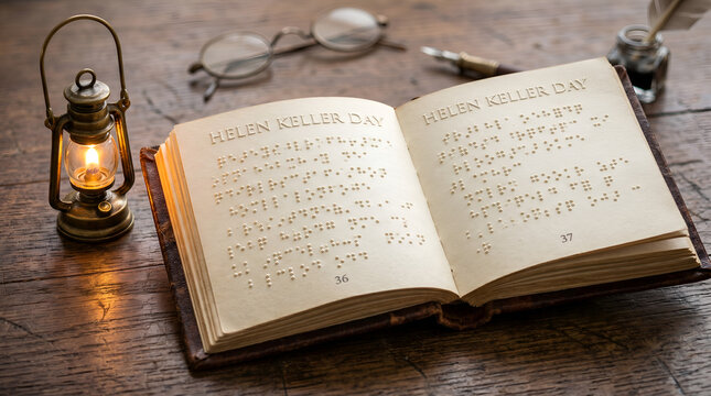 Open Old Braille Book 'HELEN KELLER DAY' with Lit Vintage Lantern and Spectacles on Wooden Table