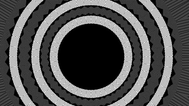 4K monocrome kaleidoscope background. Abstract  black and white motion graphics  with dots halftone background for yoga specialist, astrology, art therapist, night club, music video.