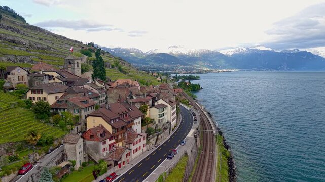Scenic aerial view of Saint Saphorin village on Lake Geneva