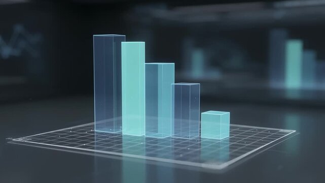 Medium shot of a digital twin interface showing 3D bar charts projecting future pension liabilities with main objects in sharp focus and background interface blurred.