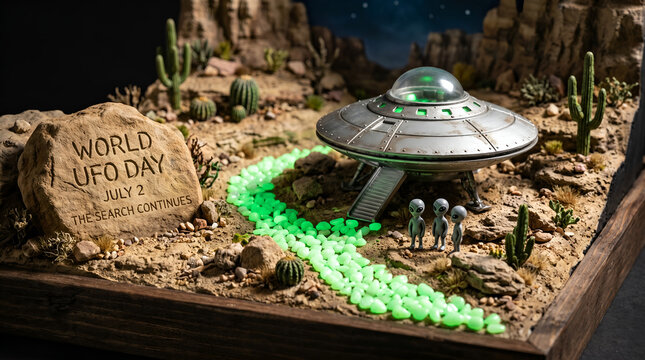 Miniature diorama of a UFO landing in a desert with aliens and glowing path for World UFO Day