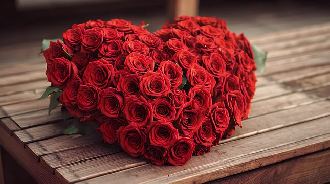 Heart-shaped arrangement of deep red roses on a rustic wooden surface