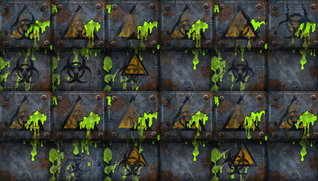 Seamless rusty metal wall texture with dripping toxic green sludge, biohazard symbols, and radiation warning signs