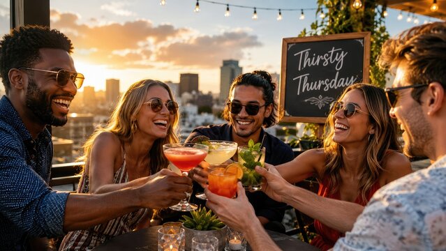 Friends toasting colorful cocktails at a rooftop bar during golden hour with city skyline and a "Thirsty Thursday" chalkboard sign
