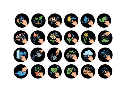 Spring season icons showing nature and growth with hand interactions