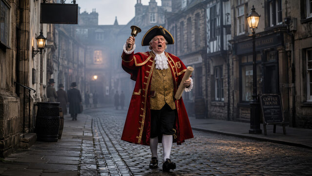Town crier in red coat ringing bell and reading proclamation on a foggy historic cobblestone street