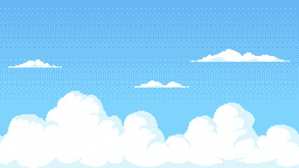 Blue sky with white fluffy clouds in pixel art style. Retro game background landscape. Vector illustration of digital nature scene for video game design and graphic project development. © Shells