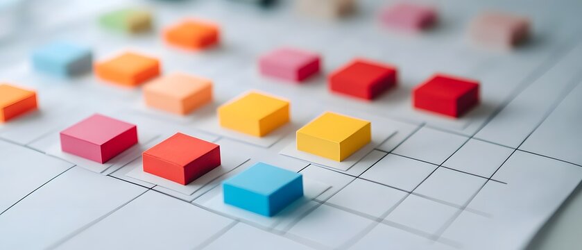 A close-up view of colorful square blocks arranged on a grid paper, symbolizing planning and organization in business strategy or project management, showcasing vibrant productivit