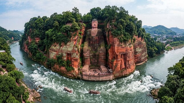 Giant Buddha Carved into Cliffside Overlooking Raging River.