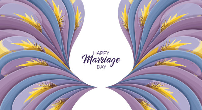 Abstract floral shapes resembling wings spread out from a central circle containing the Happy Marriage Day text.