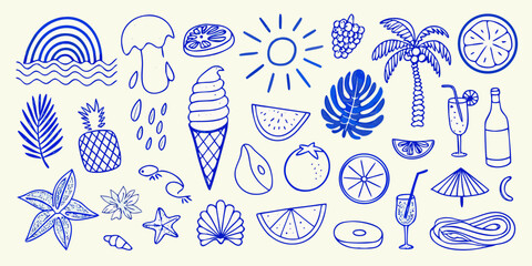 Coastal Summer Doodles Blue Monoline Vector Illustration Collection © Shabita