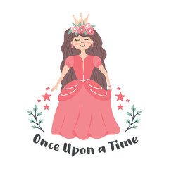 Fototapeta premium Cute princess illustration featuring a smiling fairytale character in a pink dress with floral crown, stars, botanical accents, and Once Upon a Time lettering.