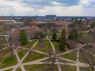 Beaumont Tower and MSU Museum aerial view in Michigan State University in East Lansing, Michigan...