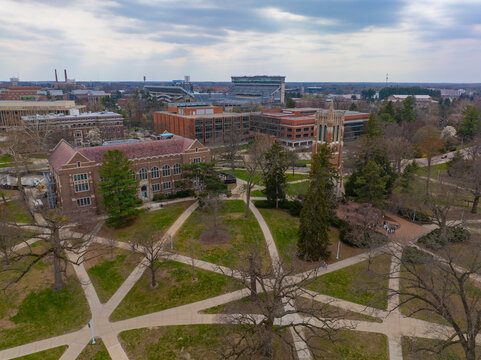 Beaumont Tower and MSU Museum aerial view in Michigan State University in East Lansing, Michigan MI, USA. 