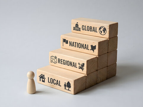 Wooden block stairs with local regional national global labels | Concept of business growth and expansion | Scale of social impact from local to international levels | Small wooden peg figure facing h