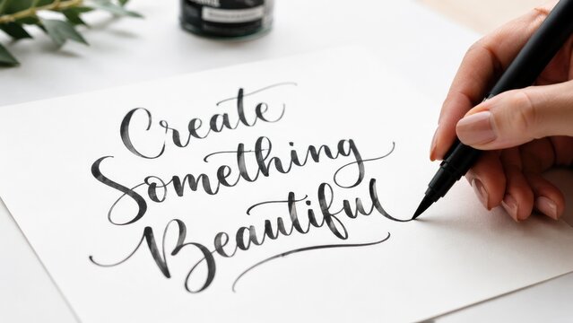 Hand lettering calligraphy pen writing "Create Something Beautiful" inspirational script on paper