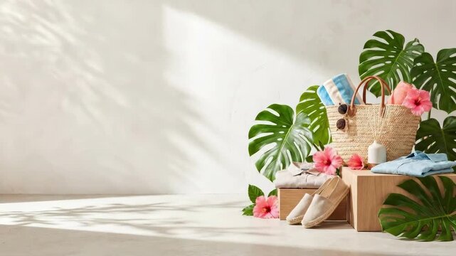 Wicker beach bag filled with sunglasses striped towel pink hibiscus flowers and reed diffuser beside folded clothes beige espadrilles. Relaxed seaside getaway concept for travel inspiration