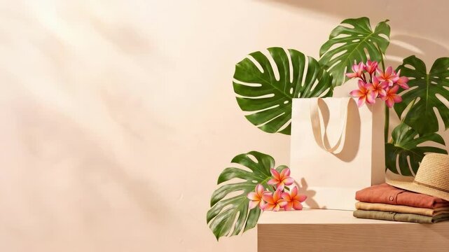 Monstera leaves and frangipani flowers with canvas tote bag, straw hat and stacked linen shirts on wooden surface. Relaxed lifestyle and travel concept in soft light