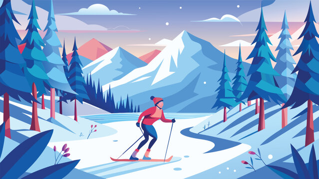 A person skis down a steep mountain slope, surrounded by snow-covered trees and a clear blue sky