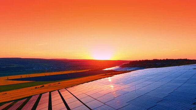 Sunset light reflecting off solar panel rows in a rural valley. Warm orange sky and sun glare on photovoltaic surfaces beside farmland.