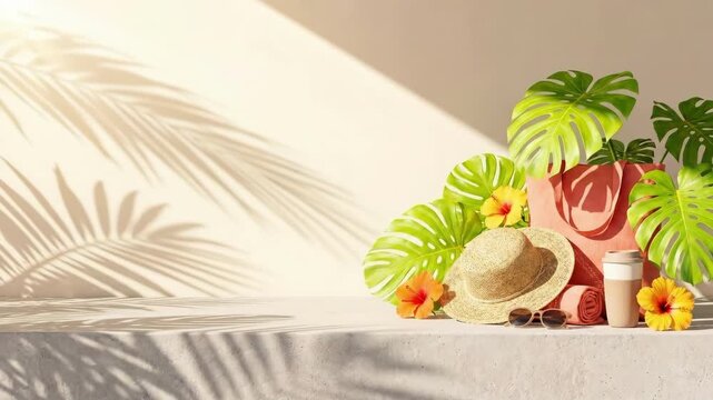 Tropical vacation essentials on sunlit shelf. Summer beach relaxation and travel concept