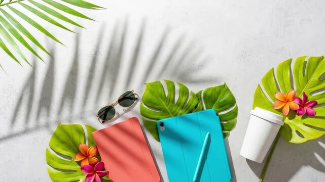 Tropical flat lay arrangement with monstera leaves frangipani flowers sunglasses pink notebook blue tablet stylus and white coffee cup on light