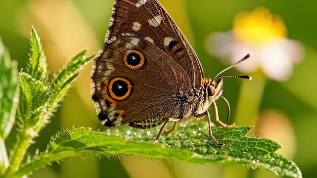 Extreme macro close up of a Speckled Wood butterfly with eyespots resting on a green leaf