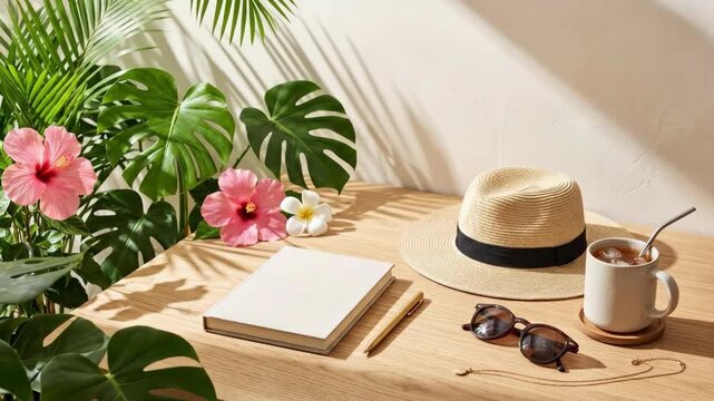 Tropical flat lay arrangement with monstera leaves hibiscus flowers plumeria straw hat sunglasses notebook iced tea mug pen. Summer vacation inspiration and beach getaway lifestyle concept