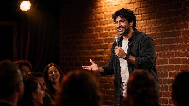 Stand-up comedian on brick stage delivering a lively set to a laughing audience under warm spotlight