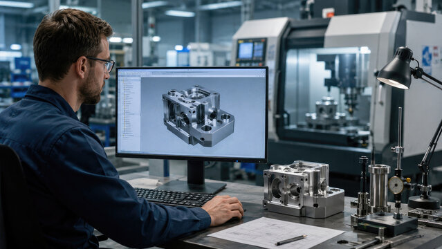 Engineer using CAD software to design and inspect a precision machined metal component at a computer workstation in a CNC workshop