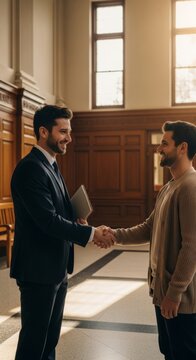 Lawyer and client shaking hands in sunny courtroom lobby celebrating legal victory