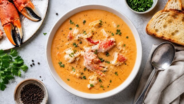 Creamy lobster bisque with chunks of lobster meat, parsley garnish, served in a white bowl with toasted bread, peppercorns and spoon on a gray tabletop
