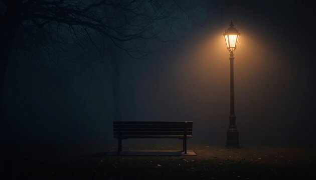 There is a park bench and a lamp post in the dark