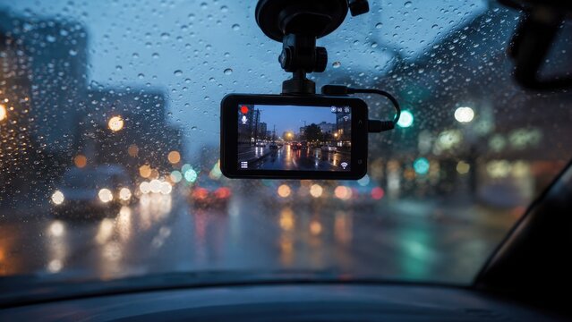 Dashcam mounted on a car windshield filming a rainy night city street with raindrops, wet road reflections and blurred bokeh traffic lights