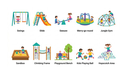 Fototapeta premium Kid Playground Flat Icon Set for Web Design Playground Equipment and Children Activity Vector Icons