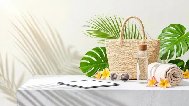 Straw beach bag with sunglasses water bottle towel and frangipani flowers. Relaxation travel essentials for beach getaway planning