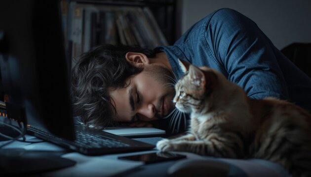 There is a man sleeping next to a cat on a computer desk