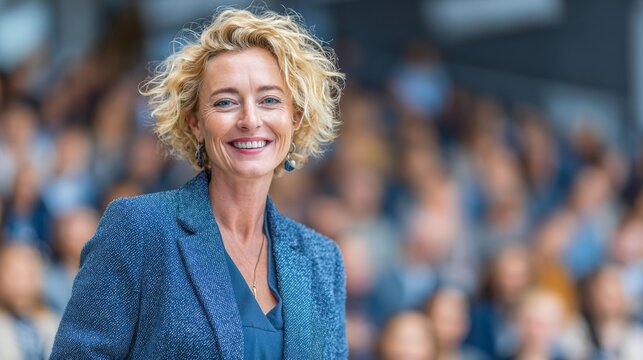 Pioneering business innovation through ai leadership. Feature story. Female ai leader in blue jacket presenting new business innovations. Reportage shot. Daily life.
