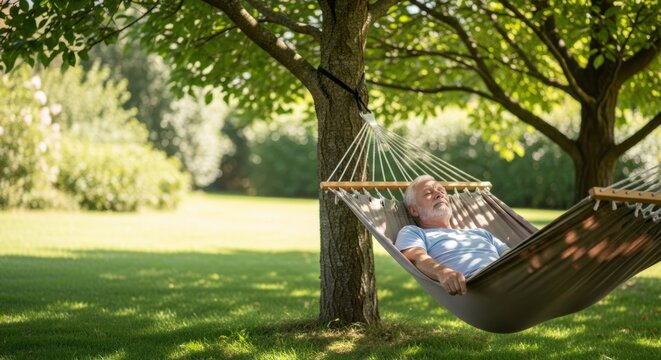 Elderly man sleeping peacefully in a hammock under a tree, enjoying a tranquil moment of relaxation in a lush backyard.